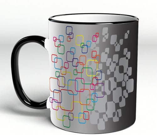 YOIUE Tasse aus Keramik - Große 11oz Tassen 330ml Kaffeetassen mit Henkel, 100% Handbemalt - Trinkgläser mit Griff - Weiß,Überlappende geometrische Quadrate Linien mehrfarbigen Hintergrund