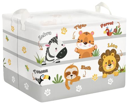 Clastyle Niedliche Tier Zebra Löwe Kinder Aufbewahrungskorb mit Henkel Rechteckig Tiger Spielzeug Kleidung Aufbewahrungsbox für Kinderzimmer Bad, Grau Tier, 40x30x30 cm
