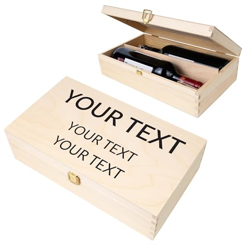 Creative Deco Scatola per Vino in Legno | Porta Bottiglie di Vino, Regalo Personalizzato 2 Bottiglie 0,7l | 35x20x9.5 (+/- 1cm) | con Coperchio e Serratura, Divisori Rimovibili | Regalo con tuo Testo