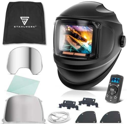 STAHLWERK Automatik-Schweißhelm 3 in 1 MASTER - Schweißerhelm mit True-Colour, autom. Abdunkelung DIN 4-14, optische Klasse 1/1/1/1, Jobspeicher, Klapp-Visier, Bluetooth, Sichtfeld 116 x 81 mm