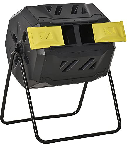 Outsunny 160L Tumbling Compost Bin Outdoor Dual Chamber 360° Rotating Composter, Garden Compost Bin w/Sliding Doors & Solid Steel Frame, Yellow