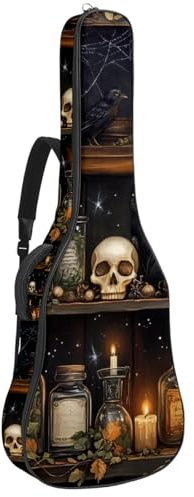 KengjuTesu 43 Zoll Akustikgitarre Softcase mit Rucksackgurt und 2 Taschen Bücherregal Totenkopf Katze Keine Polsterung Rucksack Wasserdicht Oxford Tuch Bassgitarre Gigbag für Konzertgitarre,