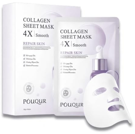 POUQUR 10 Pz Maschera al Bio Collagene Effetto immediato in Tessuto Aderente - Maschera Coreana Viso Collagene Idratante per Pelle Luminosa