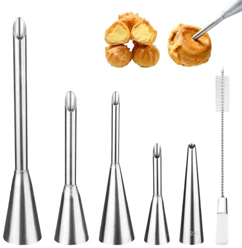 LUMOOM 5 beccucci di riempimento in acciaio inox, siringa per marmellata, beccuccio per frittelle con spazzola per la pulizia, sacchetto da pasticcere con panna, siringa di Berlino per pane di Berlino