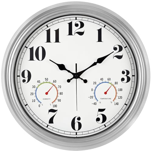JENLYSTIME 40,6 cm große Vintage-Wanduhr, wasserdicht und leise, mit Thermometer und Hygrometer, große Zahlen für einfaches Ablesen, perfekt für Zuhause, Schlafzimmer, Küche, Veranda, Garten, Pool