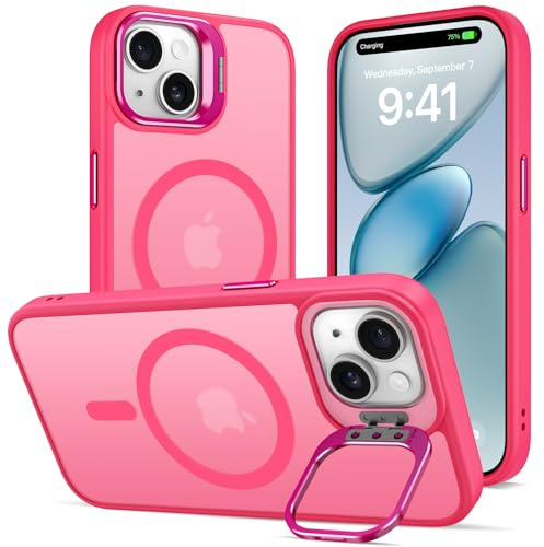 Cover Cavalletto per iPhone 14 Plus/15 Plus, Compatibile con MagSafe, Magnetica Custodia con Supporto per Fotocamera Regolabile Integrato Traslucida Opaca Antiurto Protettiva Case,Rosa Calda