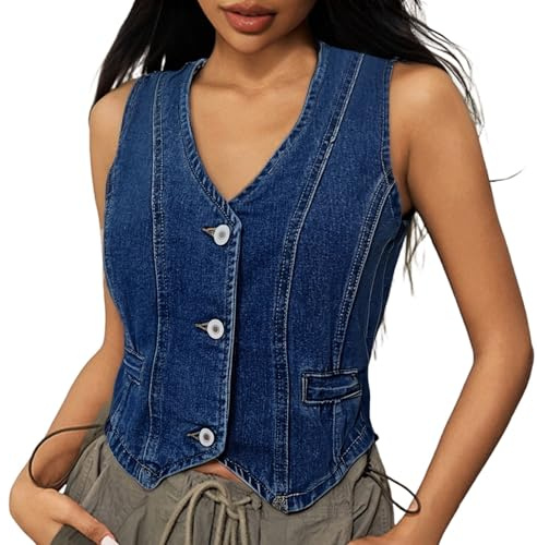 C'est TT Jeansweste Damen Ärmellos Leicht Knopfleiste Tarnweste Ärmellos Einfarbig Weste Elegant Outdoor Streetwear Hippie Klassisch Jeans Weste Damen Dünn Tank Top