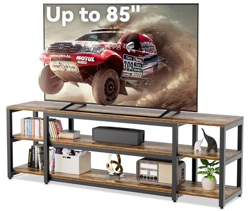Aquzee 85 Inch TV Stand, 191 cm Long TV Unit, 40D x 191W x 58H cm, 3-Tier Large TV Cabinet with Open Storage Shelves, Dark Wooden Media Units for Living Room, Modern Wide TV Console Table