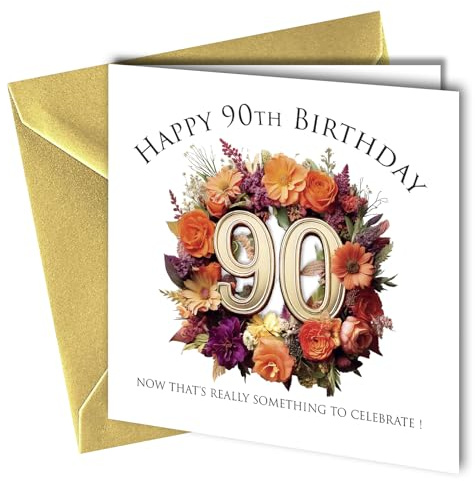 Geburtstagskarte zum 90. Geburtstag mit goldfarbenen Metallic-Zahlen und floralem Design, für Männer oder Frauen, inklusive goldfarbenem Umschlag #1848