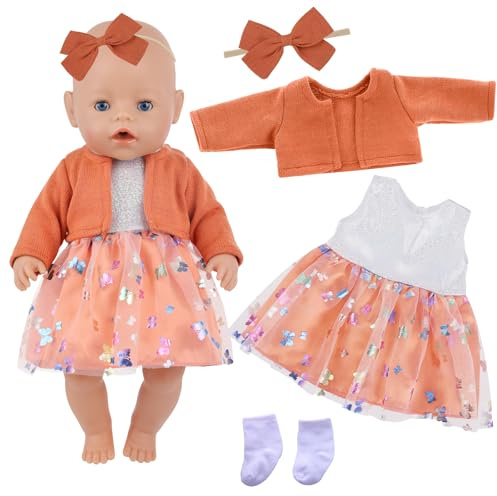 Baby Puppen Kleidung für 14-18 Zoll Babypuppen, 4 Stück Orange Farbe Puppenkleidung Outfits mit Orangefarbenen Mantel Tüllrock Haarband Socken für 43 cm Puppen, 35-43cm Süßes Puppenkleidungs