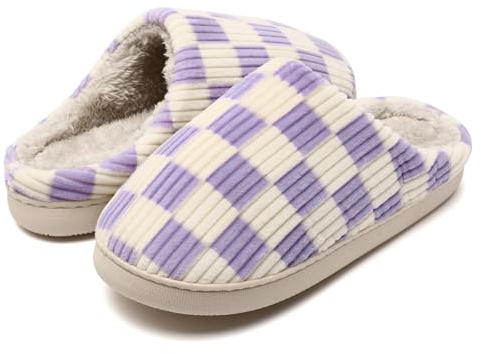 Guyarns Chaussons Femmes Hommes Hiver,Pantoufles Femmes Carreaux en Mousse Floue Glissent sur des Chaussons Moelleuses de Chambre à Coucher anti-skid Intérieur Extérieur(Violet,38/39 EU)