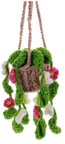 UTHCLO Crochet Car Plant Hanging Ornament Cute Handcrafted Knitted Pendant for Rearview Mirror Car Accessories Decoration for Vehicle Interior