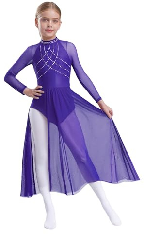 CHICTRY Tanzkleid Mädchen Langarm Kinder Strass Glitzer Ballettkleid Chiffon Modern Dance Kleid Schlitz Maxikleid Tanzkleidung