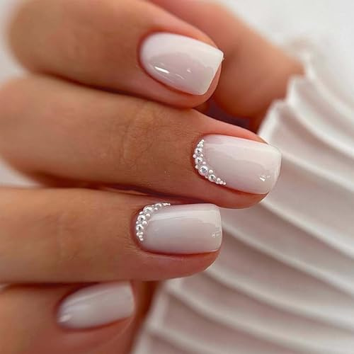 24 Stück Quadratische Künstliche Nägel Acrylnägel - Kurz Weiß mit Pearl Press on Nails für Vollständige Abdeckung - Nägel Zum Aufkleben für Frauen Nail Art (White mit Pearl)