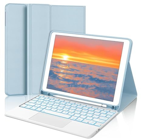 XYAL Covers e Custodie, Tastiera Touch retroilluminata, Custodia in Pelle PU+TPU Compatibile con iPad 10.2 Pollici 7/8/9a Generazione(Sky Blue+Keyboard)