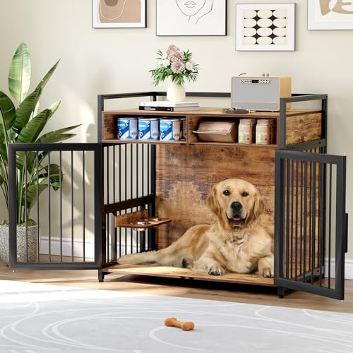 Hundekäfig Möbel für Große Hunde, 122 x 76 x 110 cm Hundebox aus Metall und Holz, Abschließbare Hundehütte mit 360 ° Drehbaren Hundenapf, geschlossener Boden, Beistelltisch für 1 große/2 kleine Hunde