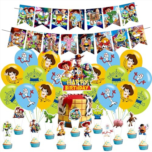 Cartoon For Toy Inspired Story Party Supplies,Birthday Decorations Set Include Banner, Balloons, Hanging Swirls, Cake Cupcake Toppers for Boys Girls Party.