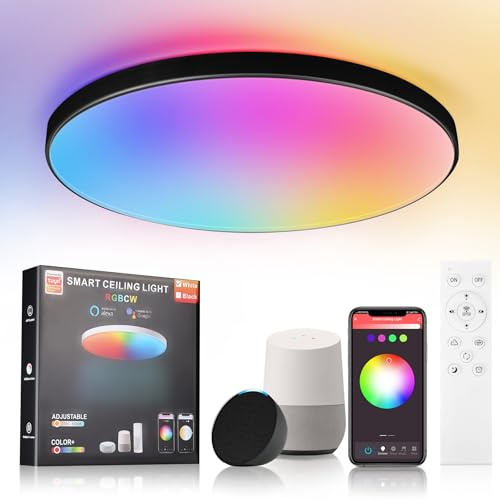 CANMEIJIA Smart Taklampa LED 24W 30cm Rund Svart RGB Dimbar WiFi App Alexa | Styr belysningen enkelt med röstkommando eller smart app. Justera ljusstyrka och färg direkt från soffan för varje tillfälle