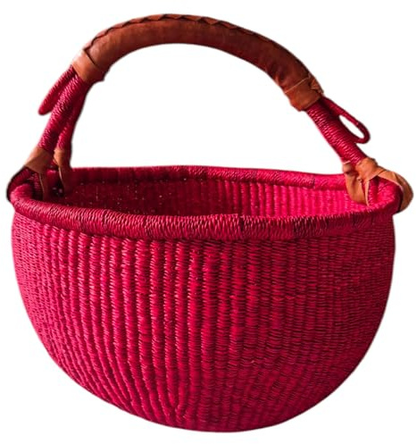 Medium Rund Bolga-Korg ca Ø 30 x 30 cm – Handgjord i Ghana – Fair Trade – Shoppingkorg med Läderhandtag – Rosa