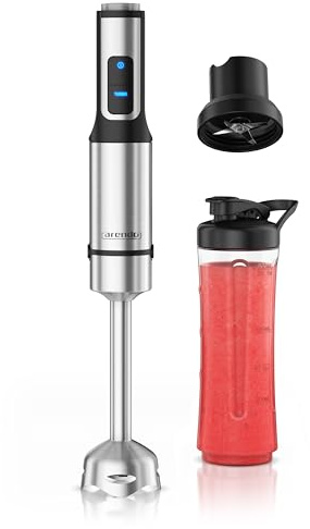 Arendo - Edelstahl Stabmixer 1500 Watt – Standmixer mit Trinkflasche Deckel und Messereinheit - Handmixer - Pürierstab - 12 Geschwindigkeitsstufen - Turbotaste – Smoothie Maker