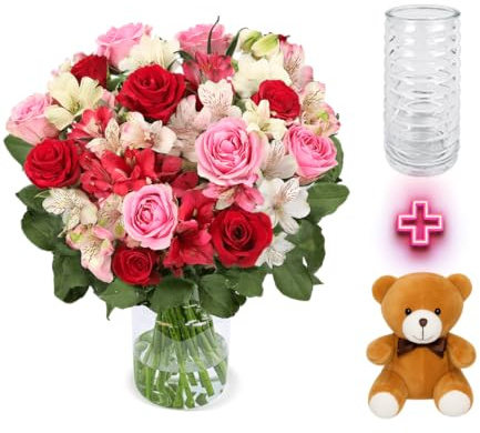 Blumenstrauß Rosenwunder XXL, 30 Stiele, Rosen und Inkalilien, Rot, Weiß, Rosa, 40-50cm Länge, Inklusive Vase & Teddy, Qualität vom Floristen, handgebunden, perfekte Geschenkidee