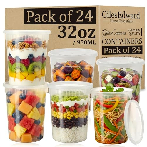 24 Pack 32oz Soup Containers with Lids, Large Plastic Food Storage Tubs for Batch Cooking, Leakproof Reusable Deli Pots, Freezer & Microwave Safe, BPA Free Meal Prep Containers for Curry, Stew & Soup