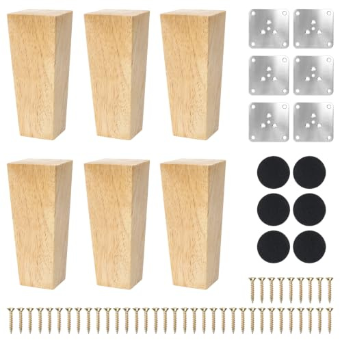 Luabue 6 Stück 12cm Holz Tischbeine Möbelfüße Quadratischend Holzfüße | Möbelbeine Massivholz Sofafüße Holzfarbe für Bett Stuhl Tisch Möbel Sofa mit Montageplatten & Schrauben