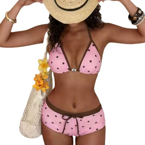 Polka Dots Halter Bikini Set Triangel Top Boyshorts Baddräkt Tvådelad Baddräkt(Pink,L)