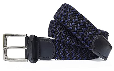 Gloop elastiskt tygbälte, unisex, flätat stretchbälte, dam och herr, bredd ca 3,5 cm, Svart - blå, 105 cm totalt längd