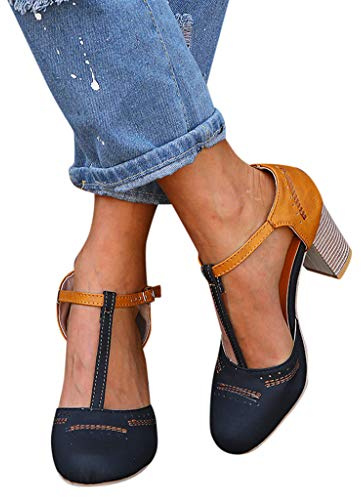 2019 Zapatos De Tacón Alto Ancho, Sandalias De Vestir En Contraste Punta Redonda Zapatillas con Hebillas Sandalias Romanas De Boda Fiesta De Baile Elegante Chic De Verano Primavera 35-43 (Negro1, 40)