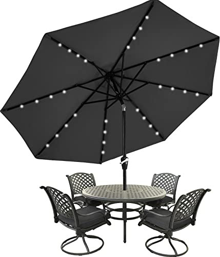 MasterCanopy 270 cm Sonnenschirm neigungsverstellbar, mit 32 Solar-LED, 8 Rippen und Kurbel, für Patio, Garten, Terrasse, Markt, Dunkelgrau