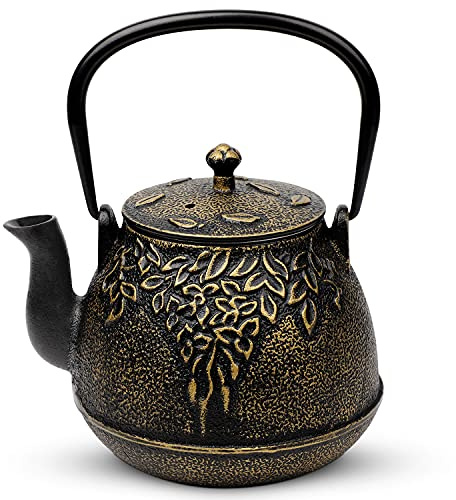 Toptier Teekessel für Herdplatte, Gusseisen-Teekanne, sicher mit Teesieb für losen Tee, 1,5 l, Schwarz