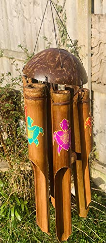 Turtle Bamboo Wind Chime - Natural Coconut Shell Garden Outdoor Home Decor Hanging Windchime Fair Trade Handpainted Sustainable