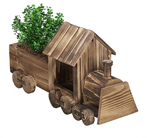 Relaxdays Blumenkarre, Eisenbahn, Garten Dekoration, geflammtes Holz, Blumentopf mit Folie, HBT: 21 x 38 x 13 cm, Natur