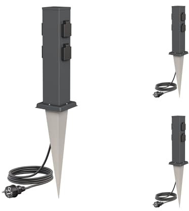 ledscom.de 3 Prises de Jardin Colonne Polly avec Piquet de Terre et 2m de câble pour l'extérieur, IP44, 4-Fois, Anthracite, carré, 40cm