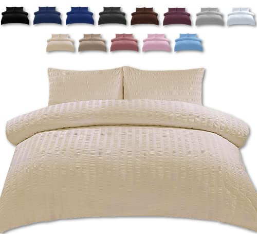 TheWhiteWater King Size Bed Duvet Set - 2 in 1 Seersucker Bedding Set – King Size Duvet Cover + 2 Matching Pillowcases - Natural Cotton + Virgin Polyester (Cream, King - Duvet Cover ONLY)