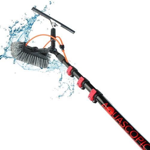 aquascopic 2-in-1 Teleskopstange mit 5-Flächen-Bürste und Fensterwischer– Fensterputzer längenverstellbar – 3.6m – Fensterreiniger für Sonnenkollektoren - Interner Wasserschlauch