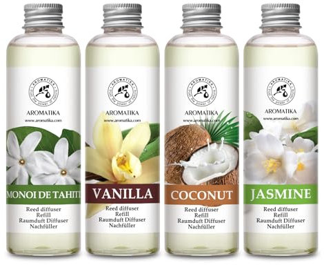 Recarga de Difusor Monoi de Tahiti & Coco & Vainilla & Jazmín 4x200 ml - Fragancias de Ambiente Intensas y Duraderas - Difusor para Hogar - Aromaterapia - Recambio de Difusor de Caña