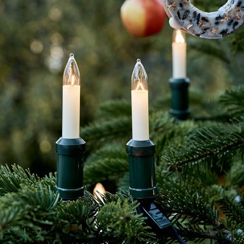 hellum Kerzen Lichterkette mit 20 Lichtern für außen, teilbarer Stecker | Made in Germany warmweiß, Kerzen Lichterkette mit Clip, 19m beleuchtet, Kabel schwarz, inkl. 3 Ersatzkerzen <59lm 430011