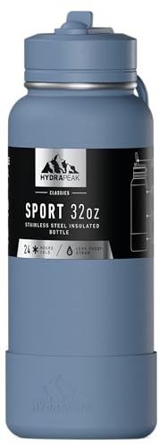 Hydrapeak Isolierte Wasserflasche mit Strohhalmdeckel, farblich passende Kappe und Gummistiefel, vakuumisolierte Wasserflaschen aus Edelstahl, hält Getränke für 24 Stunden Kalt (modernes Blau)