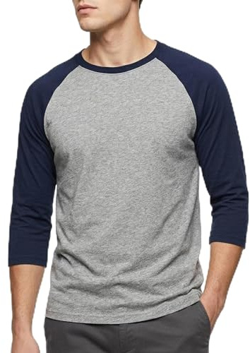 Men's Raglan Baseball Tee Shirt - Cotton Two Tone Casual Athletic Top,001,XL,Navy/LT.Grey