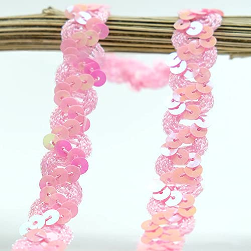 12 Meter 18mm Glitzer Pailletten Spitzenband Paillettenband Spitzenborte Geflochten Dekoband Zierband Borten Bänder Pailletten Bänder Trim Bortenband für DIY Nähen Kostüme Handwerk Verzierungen,Rosa