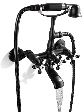 SKOWLL Clawfoot Tub Faucet, Wall Mount Bathtub Faucet with Sprayer Bathroom 3 Handle Shower Faucet Set, Matte Black Garden Tub Faucet Set Include Hand Held Shower