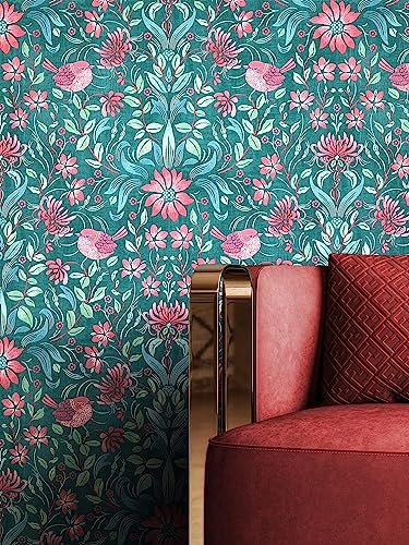 Newroom Vliestapete Grün Blumentapete Floral Boho Wohnzimmer | Farbenfrohes Damastmuster mit Vögeln, petrolfarbener Fond, mattes Finish, Mustertapete, Wandtapete Schlafzimmer, Tapete Flur