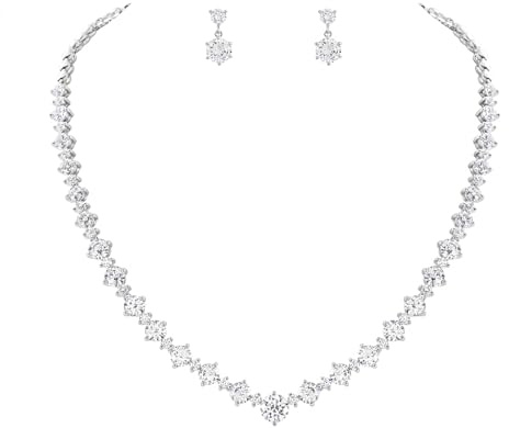 Lovejftty Women's Bridal Jewelry Set for Wedding Brides Bridesmaids, Elegant Prom Costume Silver Necklace and Earring Jewelry Set for Women Evening Wear (White Gold - 02)