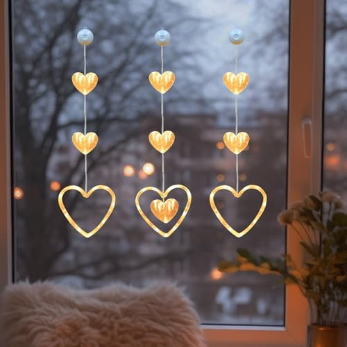 3 Stück LED Lichterkette Fenster mit Saugnäpfe, Herze Lichterkette Fenster Deko, LED Herze Lichterkette zum Aufhängen Warmweiß Herz Lichter Fensterbeleuchtung für Valentinstag Ostern Ramadan Deko