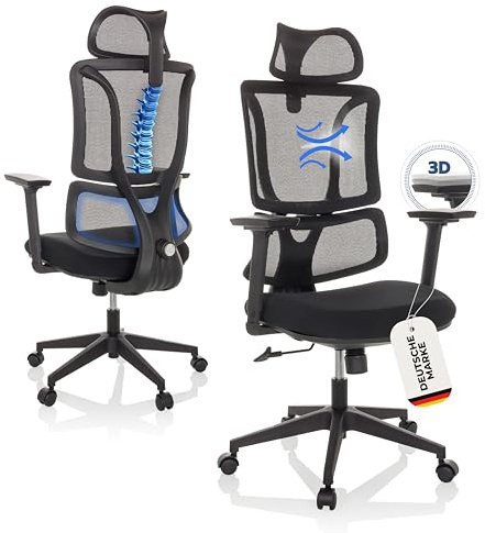 MyBuero Bürostuhl ergonomisch ERGOMY Schreibtischstuhl mit Lordosenstütze, Kopfstütze, Chefsessel Drehstuhl mit Netz-Rückenlehne, Stoff Schwarz