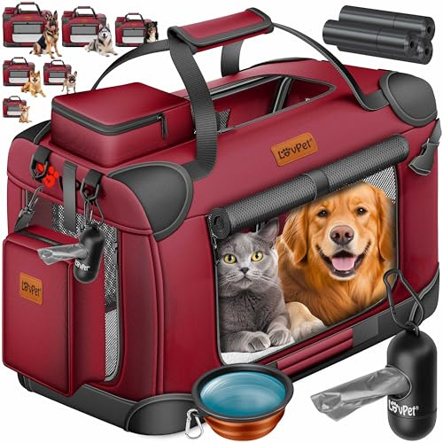 LOVPET® Transportbox Hund Katze Transporttasche M 60x42x44cm | Hunde-Tragetasche Faltbare Katzentasche | Haustier-Transportbox inkl. Hundenapf & Schultergurt | für Katzen & Hunde Bordeaux Rot