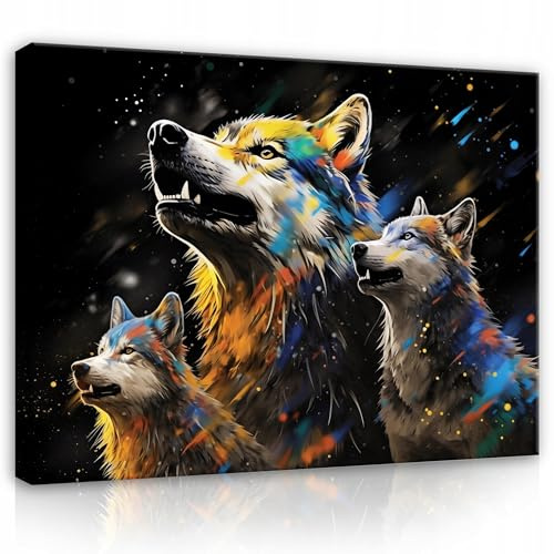 WallArena - Leinwand Bilder - Wolf - 60x40 cm Leinwandbilder - Bild auf leinwand - Wandbild XXL groß Wandbilder für Wohnzimmer Schlafzimmer Wohnzimmerbilder Modern kunstdruck - Abstrakt Tiere Bunt
