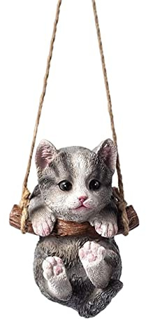 Dualoai Statue de Chat Balançoire Suspendue en Résine, Figurine de Jardin, Pendentif, Sculpture Animale, Décorative pour Salon, Intérieur, Chambre à Coucher, Grise